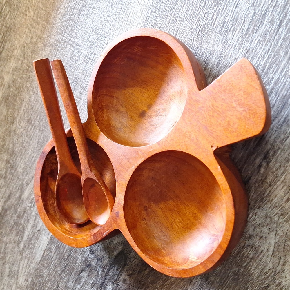 MCM Vintage hand carved wooden salsa bowl with two handcarved spoons